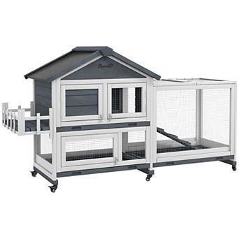 PawHut Wooden Rabbit Hutch with Wheels, Openable Roof, Storage Box