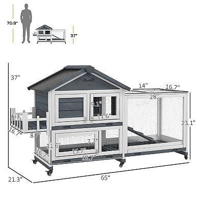 PawHut Wooden Rabbit Hutch with Wheels, Openable Roof, Storage Box