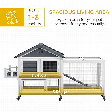 PawHut Wooden Rabbit Hutch with Wheels, Openable Roof, Storage Box