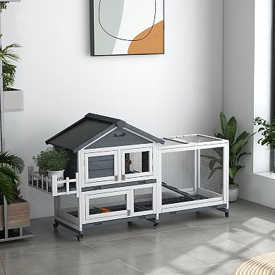 PawHut Wooden Rabbit Hutch with Wheels, Openable Roof, Storage Box