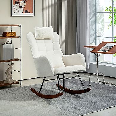 HOMCOM Boucle Rocking Chair with Headrest and Lumber Pillow