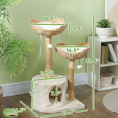 PawHut Modern Cat Tree with Wooden Scratching Posts, Condo, Beds & Cushions