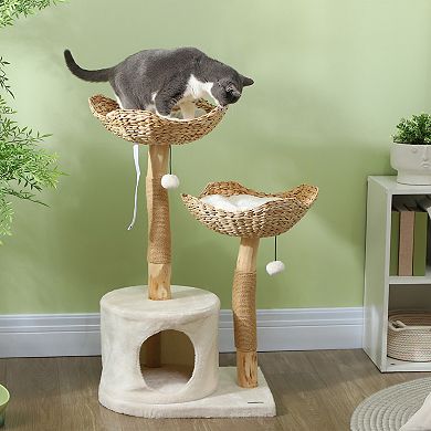 PawHut Modern Cat Tree with Wooden Scratching Posts, Condo, Beds & Cushions