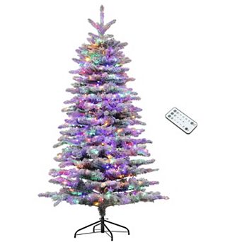 HOMCOM 6.5 ft Pre-Lit Artificial Christmas Tree with Snow Flocked Branches