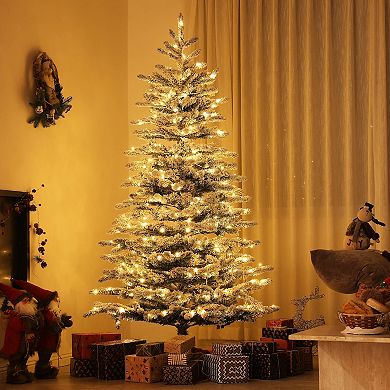 HOMCOM 6.5 ft Pre-Lit Artificial Christmas Tree with Snow Flocked Branches