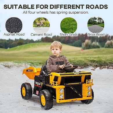 Qaba 12V Kids Ride-On Dump Truck w/ Electric Dump Bed & Shovel