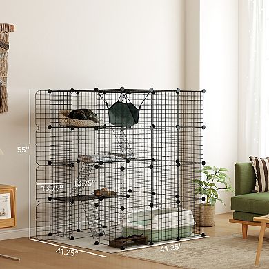 PawHut Cat Cage Indoor, DIY 4 Tier Cat Enclosure with Hammock, Ramps, Jumping Platforms