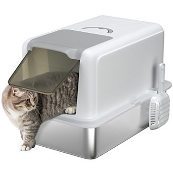 PawHut Stainless Steel Cat Litter Box, Extra Large 2 in 1 Kitty Litter Box with Removable Lid