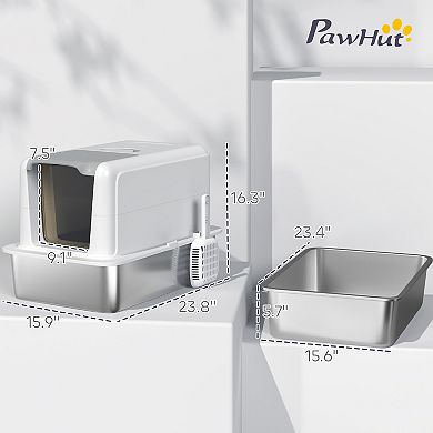 PawHut Stainless Steel Cat Litter Box, Extra Large 2 in 1 Kitty Litter Box with Removable Lid