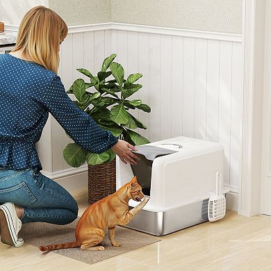 PawHut Stainless Steel Cat Litter Box, Extra Large 2 in 1 Kitty Litter Box with Removable Lid