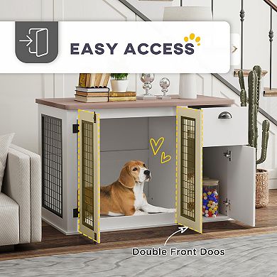 PawHut 44" Furniture Dog Crate with Double Door, Storage, for M Dogs