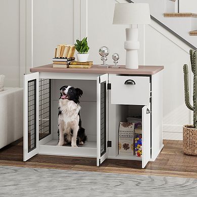 PawHut 44" Furniture Dog Crate with Double Door, Storage, for M Dogs