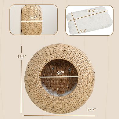 PawHut Wall Mounted Cat Condo with Washable Cushion, Nature Wood