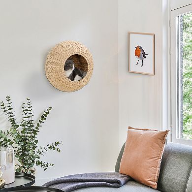 PawHut Wall Mounted Cat Condo with Washable Cushion, Nature Wood