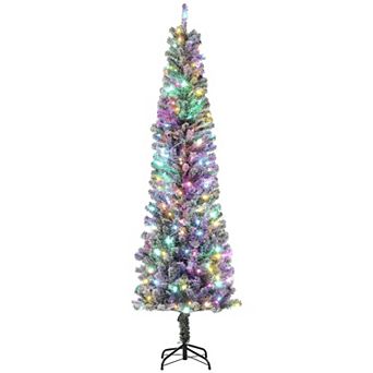 Homcom 7.5 Ft Pencil Christmas Tree, Pre-lit Xmas Tree W/ Dual Color Lights