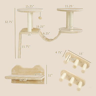 PawHut 3pc Cat Wall Shelves w/ Scratching Post, Perches, Ladder & Steps
