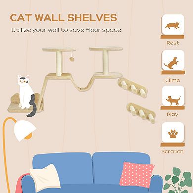 PawHut 3pc Cat Wall Shelves w/ Scratching Post, Perches, Ladder & Steps