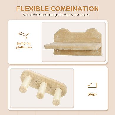 PawHut 3pc Cat Wall Shelves w/ Scratching Post, Perches, Ladder & Steps
