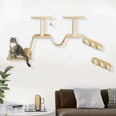 PawHut 3pc Cat Wall Shelves w/ Scratching Post, Perches, Ladder & Steps