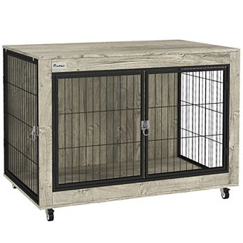 PawHut 39" Dog Crate Furniture, Dog Kennel Furniture End Side Table with Wheels