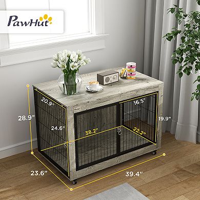 PawHut 39" Dog Crate Furniture, Dog Kennel Furniture End Side Table with Wheels