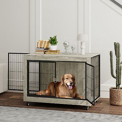 PawHut 39" Dog Crate Furniture, Dog Kennel Furniture End Side Table with Wheels
