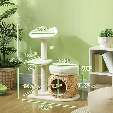PawHut 31" Cat Tree Tower with Scratching Posts, Cat Condo, Beds & Toy Ball