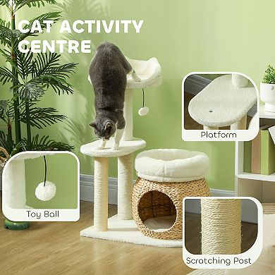 PawHut 31" Cat Tree Tower with Scratching Posts, Cat Condo, Beds & Toy Ball