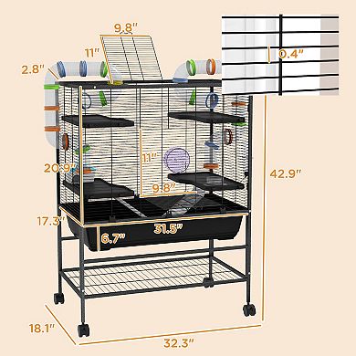 PawHut Large Hamster Cage Rat Cage on Wheels w/ Storage Shelf, Tubes