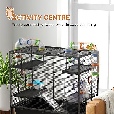 PawHut Large Hamster Cage Rat Cage on Wheels w/ Storage Shelf, Tubes