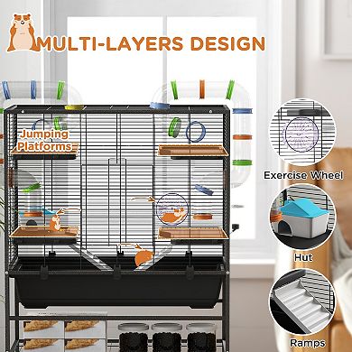PawHut Large Hamster Cage Rat Cage on Wheels w/ Storage Shelf, Tubes