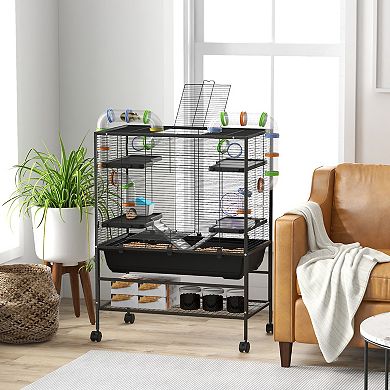 PawHut Large Hamster Cage Rat Cage on Wheels w/ Storage Shelf, Tubes