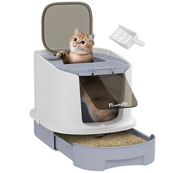 PawHut Cat Litter Box with Lid, Covered Kitty Litter Box Enclosed with Drawer, Scoop