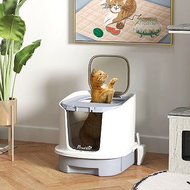 PawHut Cat Litter Box with Lid, Covered Kitty Litter Box Enclosed with Drawer, Scoop