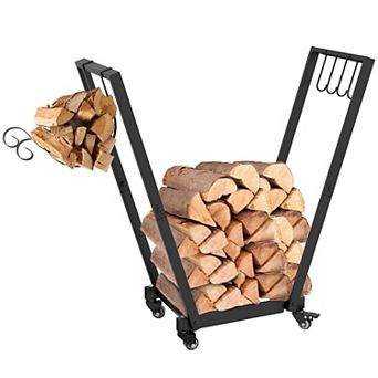 Outsunny 31" Outdoor Firewood Rack, Metal Log Holder With Wheels Hooks
