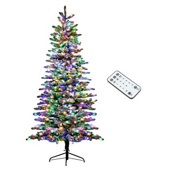 HOMCOM 7.5 ft Pre-Lit Artificial Christmas Tree with Snow Flocked Branches