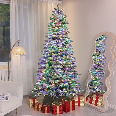 HOMCOM 7.5 ft Pre-Lit Artificial Christmas Tree with Snow Flocked Branches