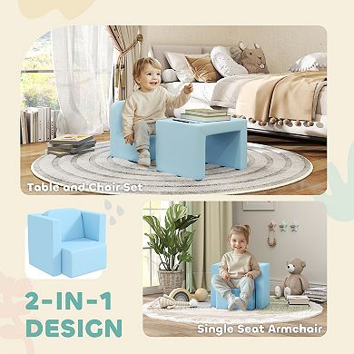 Qaba 2-in-1 Multifunctional Kids Sofa, Convertible Table and Chair Set for Boys Girls, Light Blue
