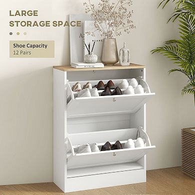 HOMCOM Slim Shoe Cabinet with 2 Flip Drawers & Adjustable Shelves