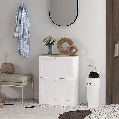 HOMCOM Slim Shoe Cabinet with 2 Flip Drawers & Adjustable Shelves