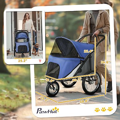 PawHut Dog Stroller, 3 Wheels Pet Stroller w/ One-Hand Fold, Rubber Wheels, Storage Bag