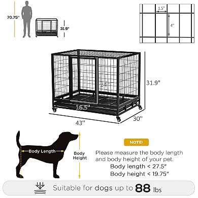PawHut 43" Heavy Duty Dog Crate, Indestructible Dog Cage Kennel with Removable Tray
