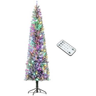 HOMCOM 9 ft Pencil Christmas Tree, Pre-Lit Xmas Tree w/ Dual Color Lights