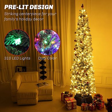 HOMCOM 9 ft Pencil Christmas Tree, Pre-Lit Xmas Tree w/ Dual Color Lights