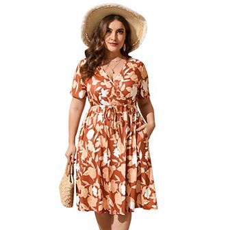 Plus Size V Neck Midi Dress Wrap Short Sleeves High Waisted Floral Casual Belt Dress