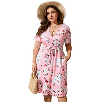 Plus Size V Neck Midi Dress Wrap Short Sleeves High Waisted Floral Casual Belt Dress