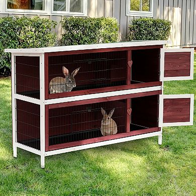 Pawhut 54" 2 Story Large Elevated Wooden Rabbit Hutch Yard Bunny Cage w/ Tray