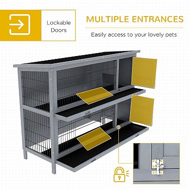 Wooden Rabbit Hutch w/ Dividers Asphalt Roof for Small Animals & Outdoors