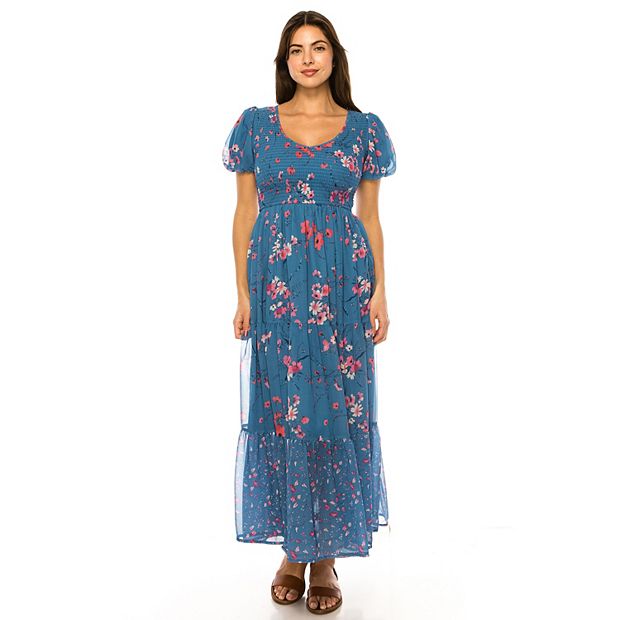 knee length dresses for ladies Printed Maxi Dress with Short Bubble Sleeve M main image 1