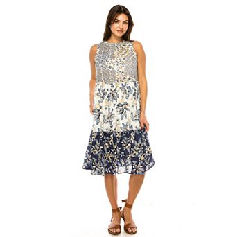 Women's Penelope Rose Sleeveless Mixed Tiered Print Midi Dress